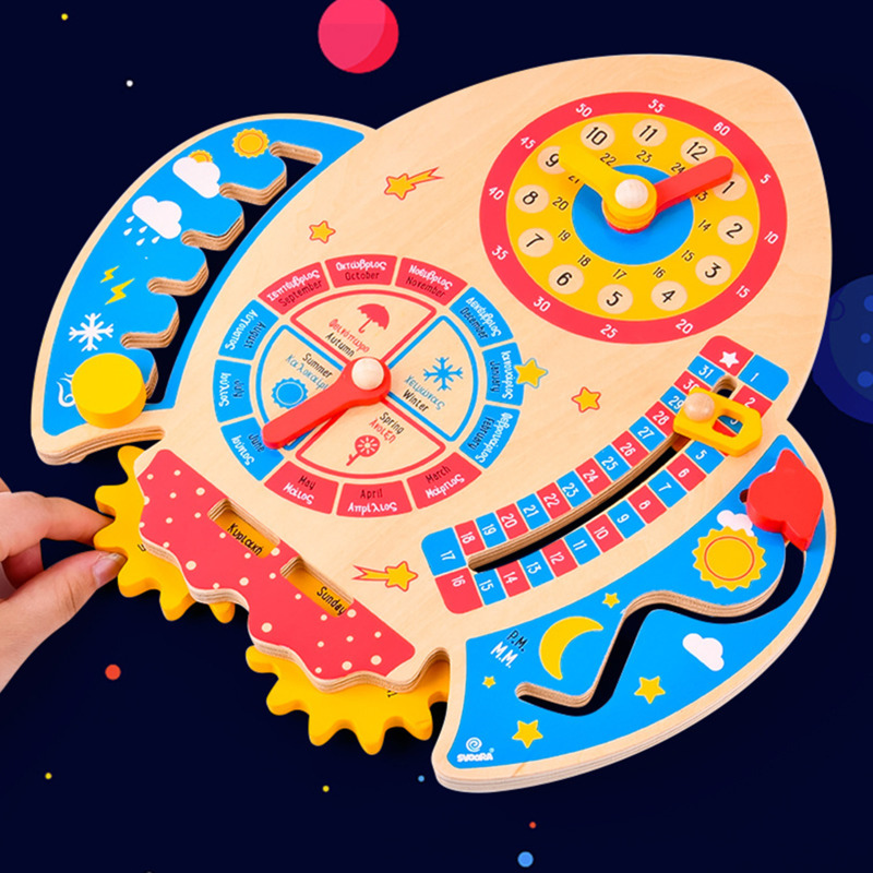 Wooden Rocket Clock Toy Kids Cartoon Calendar Board Weather Season Matching Time Toy Montessori Time Cognition Educational Toys